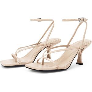 Women's Beige Open Toe Ankle Strappy Flip Flop High Heels Sandals Wedding Shoes